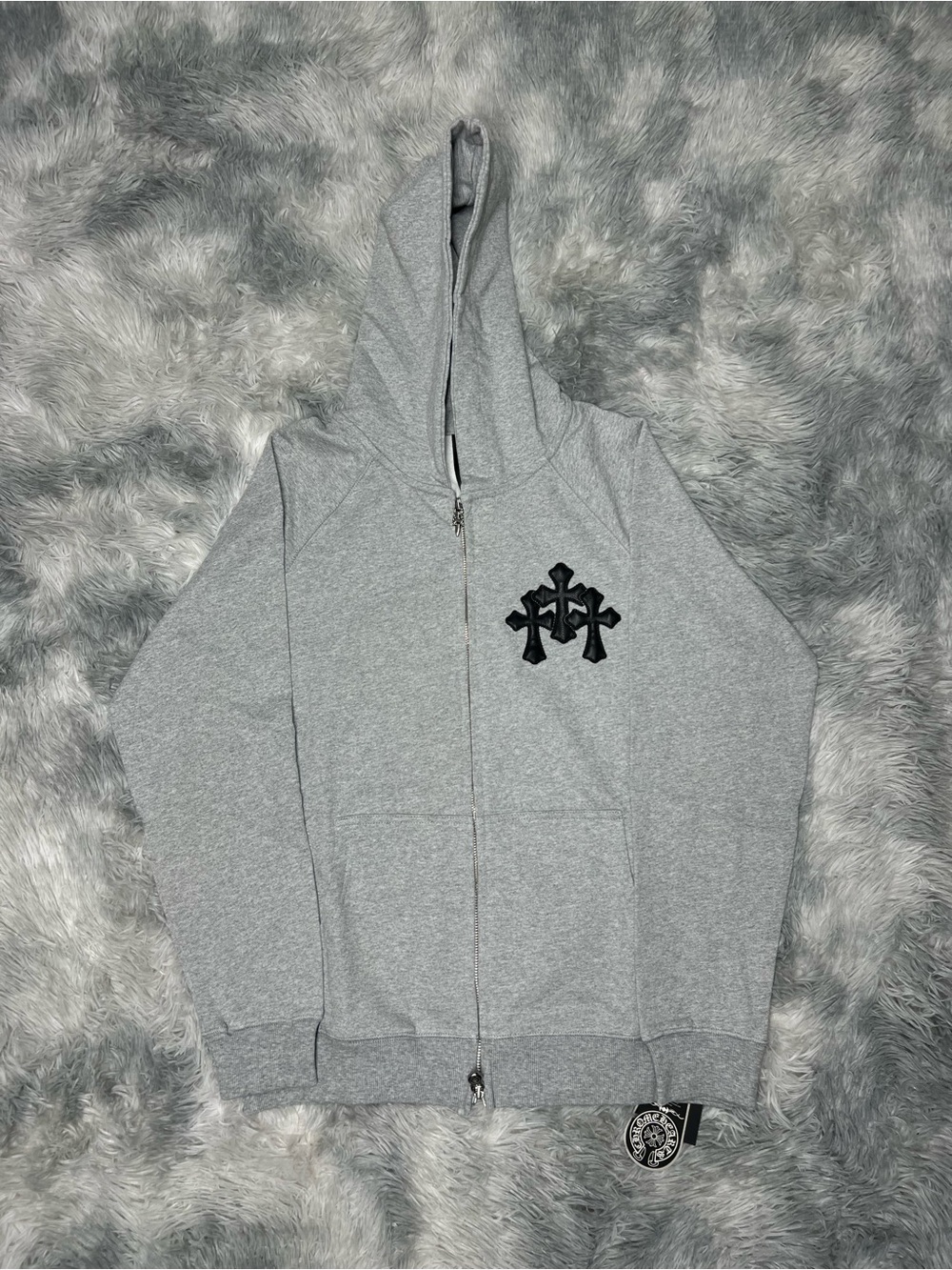 CHROME HEARTS ZIP UP Gray Hooded Zip-Up Sweater with Cross Patch